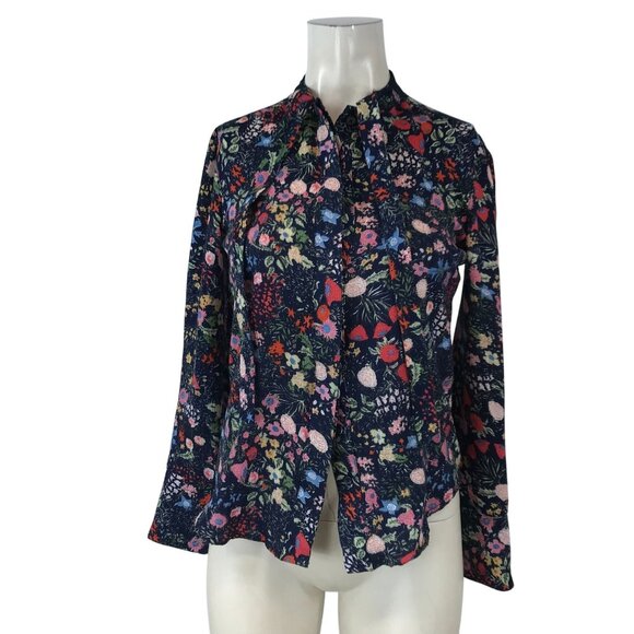 BROOKLYN INDUSTRIES -WOMEN XS  NAVY FLORAL LONG SLEEVE BUTTON TIES AT NECK SHIRT - Picture 1 of 5